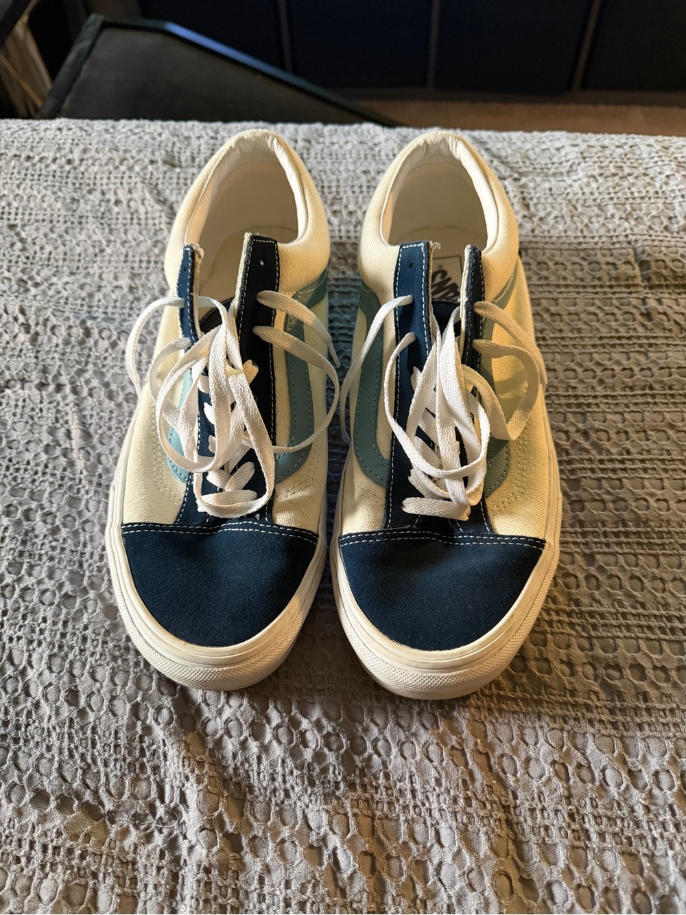 Off White and Light Blue Vans